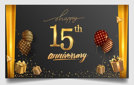 50th years anniversary design for greeting cards and invitation, with balloon, confetti and gift box, elegant design with gold and dark color, design template for birthday celebration. vector