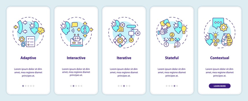 2D icons representing cognitive computing features mobile app screen set. Walkthrough 5 steps multicolor graphic instructions with thin line icons concept, UI, UX, GUI template. vector