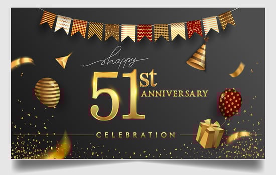 50th years anniversary design for greeting cards and invitation, with balloon, confetti and gift box, elegant design with gold and dark color, design template for birthday celebration. vector