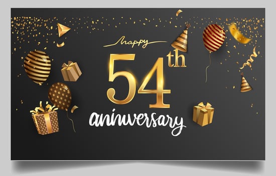 50th years anniversary design for greeting cards and invitation, with balloon, confetti and gift box, elegant design with gold and dark color, design template for birthday celebration. vector