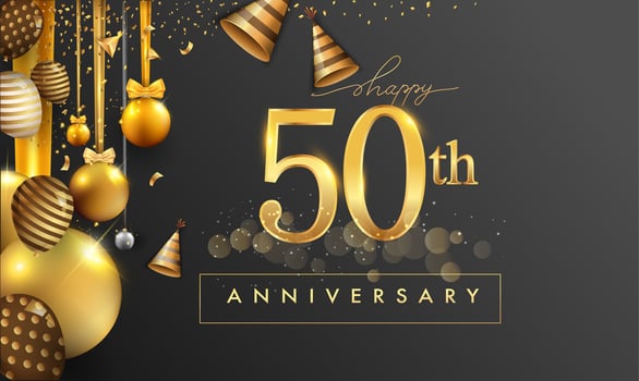 50th years anniversary design for greeting cards and invitation, with balloon, confetti and gift box, elegant design with gold and dark color, design template for birthday celebration vector