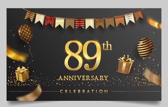 80th years anniversary design for greeting cards and invitation, with balloon, confetti and gift box, elegant design with gold and dark color, design template for birthday celebration. vector