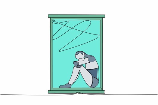 Single one line drawing of frustrated robot sitting on windowsill. Depression, stress, despair, tech problem. Modern robotic artificial intelligence. Continuous line design graphic vector illustration