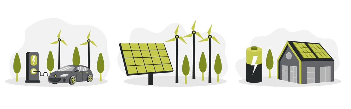Green energy. Smart grid. Renewable. House with battery, windmills and solar energy panels, electric car near charging station. vector