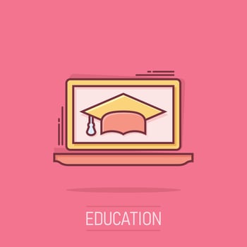 Elearning education icon in comic style. Study vector cartoon illustration pictogram. Laptop computer online training business concept splash effect.