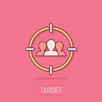 Target audience icon in comic style. Focus on people vector cartoon illustration pictogram. Human resources business concept splash effect.
