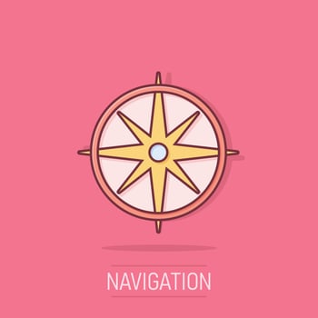 Global navigation icon in comic style. Compass gps vector cartoon illustration on white isolated background. Location discovery business concept splash effect.