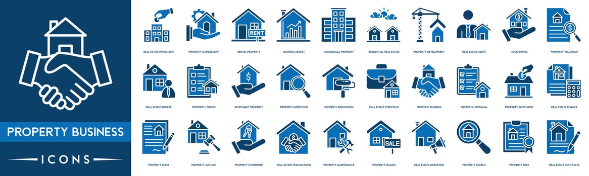 Property Business Outline Icon Collection. Thin Line Set contains such Icons as Real Estate Investment, Property Management, Rental Property, Housing Market and Commercial Property vector