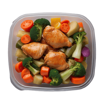 AI generated food in a container. stewed chicken, stewed vegetable isolated on transparent background png
