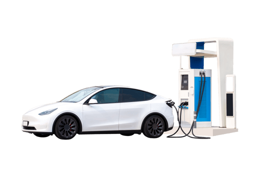 Modern and luxury white electric car is parked and charged in a EV service station. isolate on transparent background, PNG File