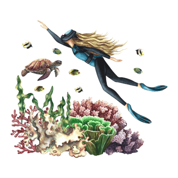 Girl diver swims underwater. Watercolor hand drawn illustration. For label, magnet, business card and banner, flyer and brochure. For prints, stickers, postcards png