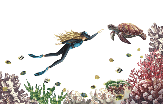Girl diver swims underwater. Underwater travel. Watercolor hand drawn. For label, business card and banner, flyer and brochure. For prints, stickers, postcards. For composition png