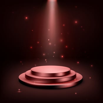 Red round podium illuminated with spotlight. Award ceremony concept. Realistic stage backdrop with bright sparkles. Vector illustration