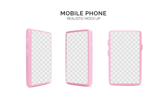 Mobile phone realistic mock up. 3d render smartphone. Pink phone template with empty screen isolated on white background. Vector illustration
