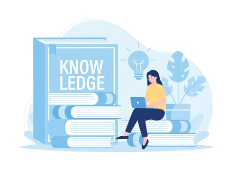 woman in front of a laptop sitting with books on online learning concept flat illustration vector