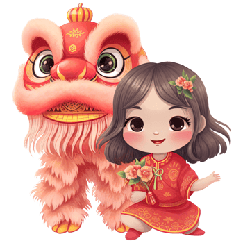 AI generated Kawaii Lion Dance and Girl Clipart for Chinese New Year Celebrations png