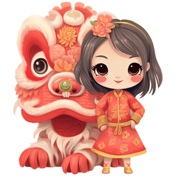 AI generated Kawaii Lion Dance and Girl Clipart for Chinese New Year Celebrations png