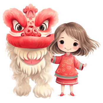 AI generated Kawaii Lion Dance and Girl Clipart for Chinese New Year Celebrations png