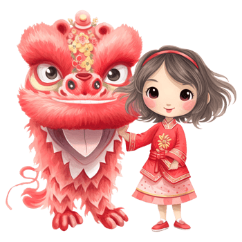 AI generated Kawaii Lion Dance and Girl Clipart for Chinese New Year Celebrations png