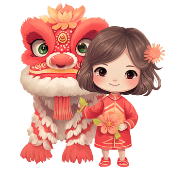 AI generated Kawaii Lion Dance and Girl Clipart for Chinese New Year Celebrations png