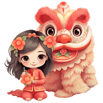 AI generated Kawaii Lion Dance and Girl Clipart for Chinese New Year Celebrations png