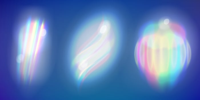 Rainbow light prism effect. Set. Hologram reflection, crystal flare leak shadow overlay. Vector illustration of abstract blurred iridescent light backdrop.