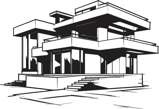Contemporary Cityline Abode Villa Icon in Black Outline Modern Cityscape Living Villa Outline Vector in Bold Black