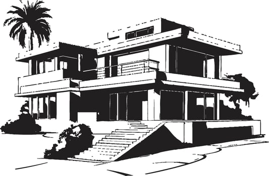 Trendy Urban Villa Villa Outline in Bold Black Lines Cityscape Villa Outline Modern Urban Living in Crisp Black Lines vector
