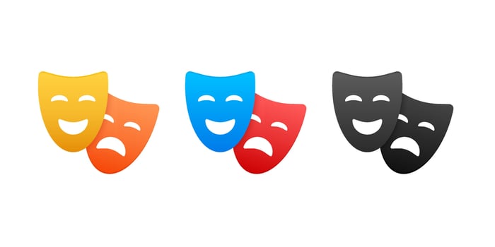 Comedy and Tragedy Theater Masks, Vector Illustration Set of Drama and Performing Arts Symbols in Vibrant Colors for Cultural Graphics