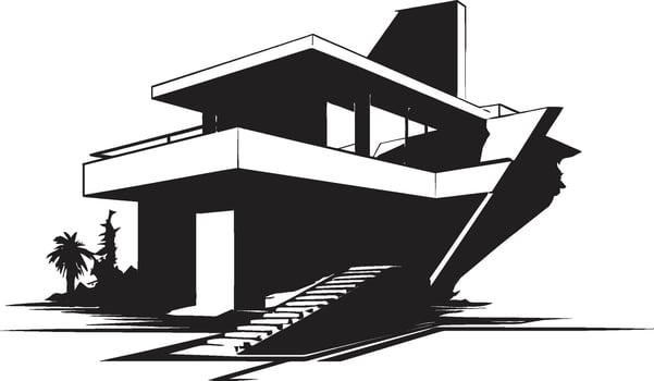 Innovative Home Blueprint Conceptual House Sketch Emblem Futuristic Abode Outline Modern House Sketch Vector Emblem