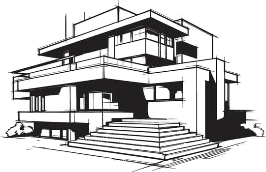 Symmetry Blueprint Duplex House Design in Vector Logo Concept Double Living Vision Sketch Idea for Duplex House Icon