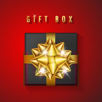 Realistic black gift box with golden bow and ribbon. Element for decoration gifts, greetings, holidays. Vector illustration