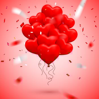Happy Valentines Day background, red balloon in form of heart with bow, ribbon and confetti. Vector illustration