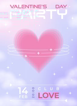 Modern y2k design Valentine's Day party invitation, poster. Trendy aesthetic soft color vector illustrations with aura heart in clouds, abstract shapes, stars, gradient and typography.