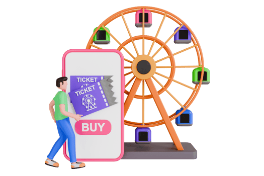 3d illustration of buy ferris wheel ticket online. buying ticket at fun fair 3d illustration png