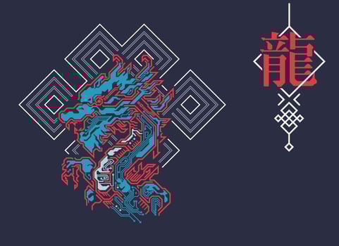 Chinese zodiac sign of dragon, Graphic of colorful futuristic dragon with traditional Chinese element, Chinese word refers to dragon Zodiac vector