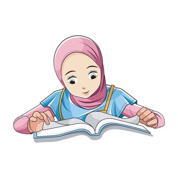 Smart kid. Girls in hijab love reading books. Vector illustration