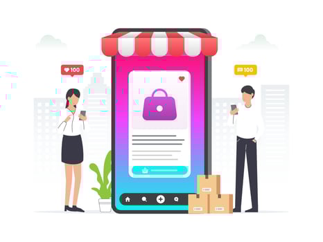 Online shopping using social commerce illustration. Man and woman using smartphone to buy product on social commerce. vector