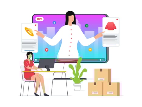 Woman review or selling her product through live streaming platform. Influencer marketing and live streaming social media commerce concept illustration. vector
