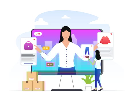 Woman review or selling her product through live streaming social commerce platform. Woman buy product from social media commerce platform concept illustration. vector