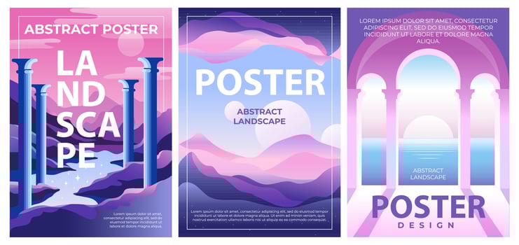 A set of abstract landscape poster in retrofuturism style. Retro wave and cyberpunk. Template design for Y2k events. Purple and pink cover vector