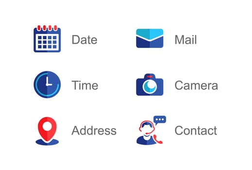 Modern icon vector set for website and apps. colorful icons and shortcut symbols Including location,calendar, date, time, camera, email and contact.