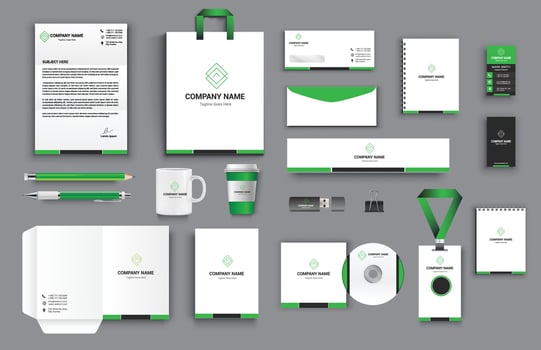 office business stationery set in green black white color vector design with letter head envelop folder id card notepad dvd cover usb paper clip pen pencil cups business card shopper