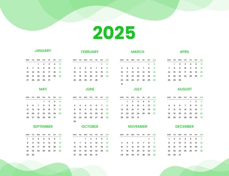 Wall calendar 2025 design template, week starting from Monday. Clean, elegant template schedule planner, abstract gradient color luxury concept, perfect use in home school college and office vector