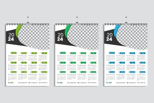 Wall calendar 2024 design template, week start monday, clean, elegant template schedule planner, abstract leaf green, blue, green gradient color luxury idea for home school, college office vector