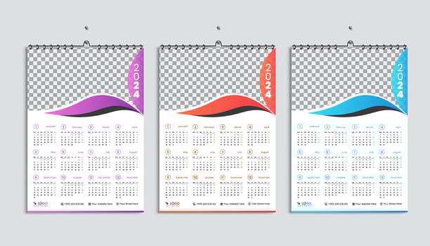 Wall calendar 2024 design template, week starting from Monday. Clean, elegant template schedule planner, abstract gradient color luxury concept, perfect use in home school college and office vector