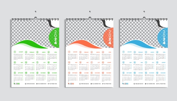 Wall calendar 2024 design template, week starting from Monday. Clean, elegant template schedule planner, abstract gradient color luxury concept, perfect use in home school college and office vector