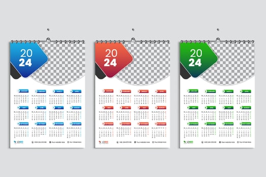 Wall calendar 2024 design template, week starts Monday, clean, elegant template schedule planner, abstract green, orange, blue gradient color luxury concept, suitable for home school, college office vector