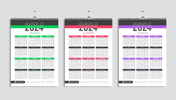 Wall calendar 2024 design template, week starts Monday, clean, elegant template schedule planner, abstract green, pink, purple gradient color luxury concept, suitable for home school, college office vector