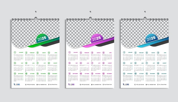 Wall calendar 2025 design template, week starts Monday, clean, elegant template schedule planner, abstract green, orange, blue gradient color luxury concept, suitable for home school, college office vector
